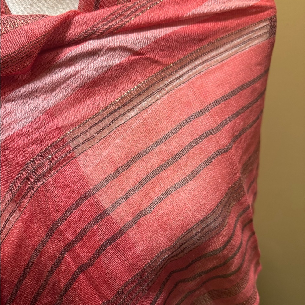 Talbots Red pink Metallic Scarf wrap fringed azlon made in India NWT - Picture 6 of 10